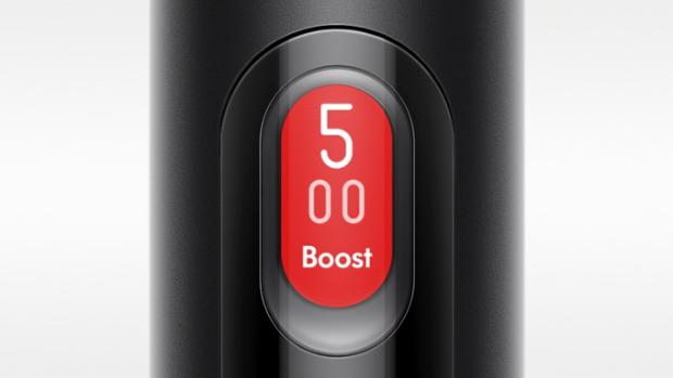 A close up of the LCD screen of the Dyson PencilVac cleaner, showing the number 5 and the Boost symbol