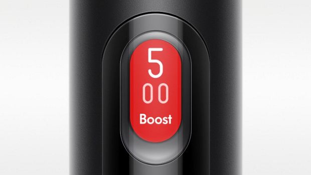 A close up of the LCD screen of the Dyson PencilVac cleaner, showing the number 5 and the Boost symbol
