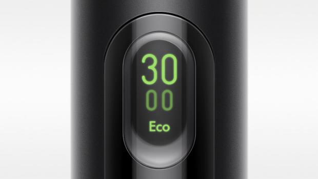 A close up of the LCD screen of the Dyson PencilVac cleaner, showing the number 30 and the Eco symbol