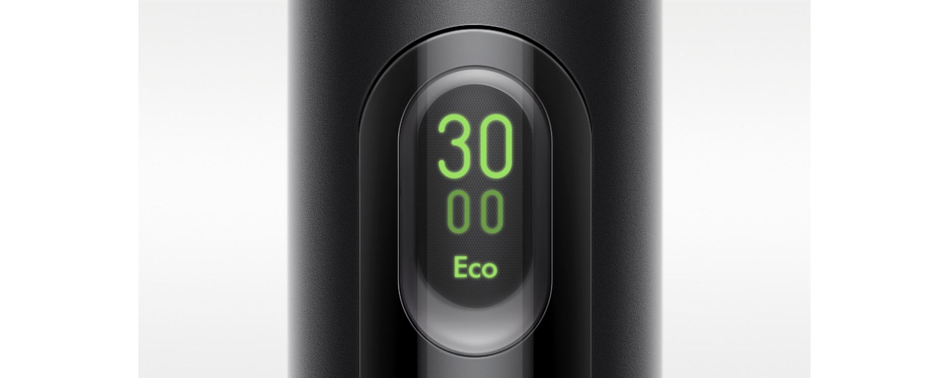 A close up of the LCD screen of the Dyson PencilVac cleaner, showing the number 30 and the Eco symbol