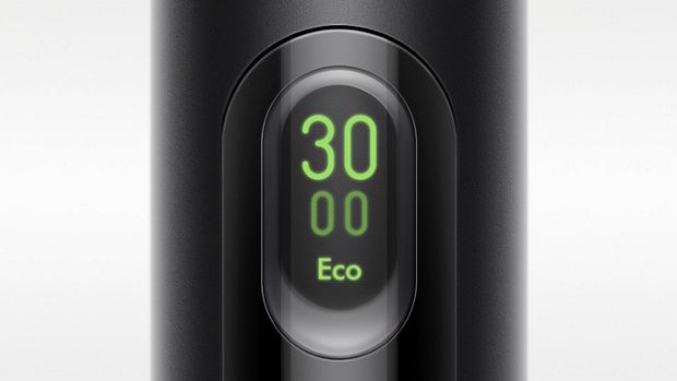 A close up of the LCD screen of the Dyson PencilVac cleaner, showing the number 30 and the Eco symbol