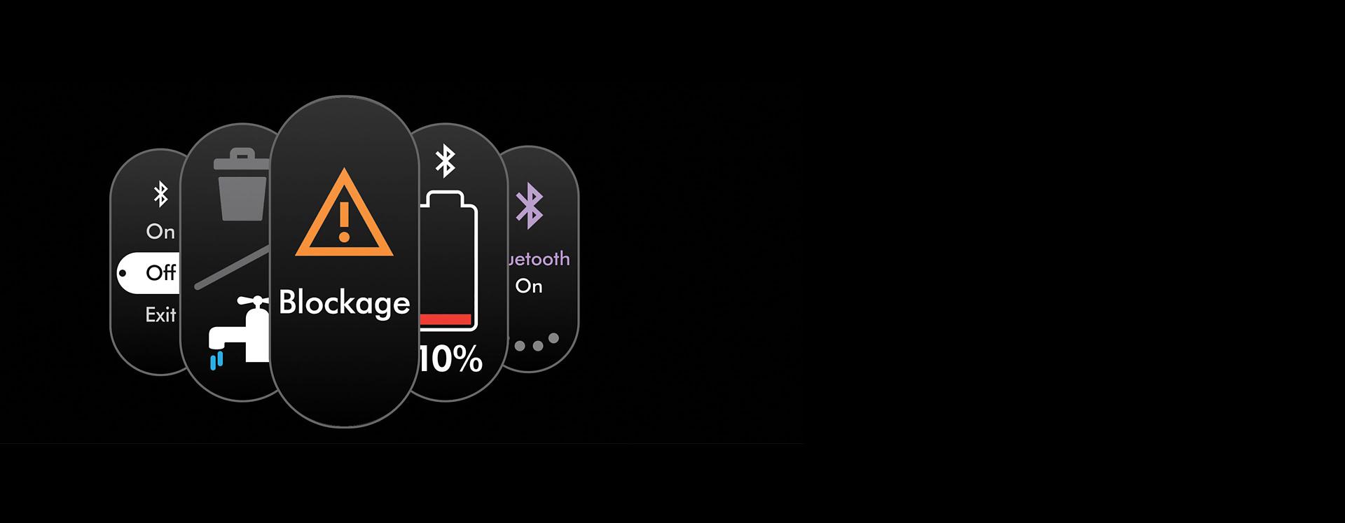 A Dyson PencilVac készülék LCD-kijelzőjének szimbólumai, elöl az eltömődés szimbólumával.