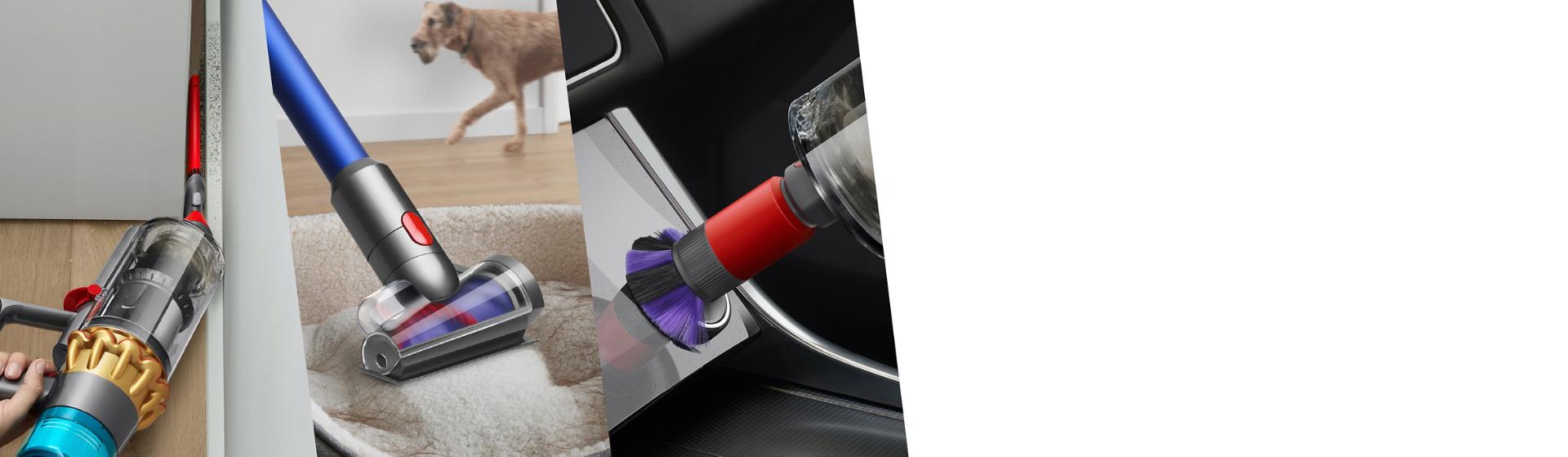 A splitscreen of the Dyson Scratch-free dusting brush, Hair screw tool, and Low-reach adaptor being used to clean debris.