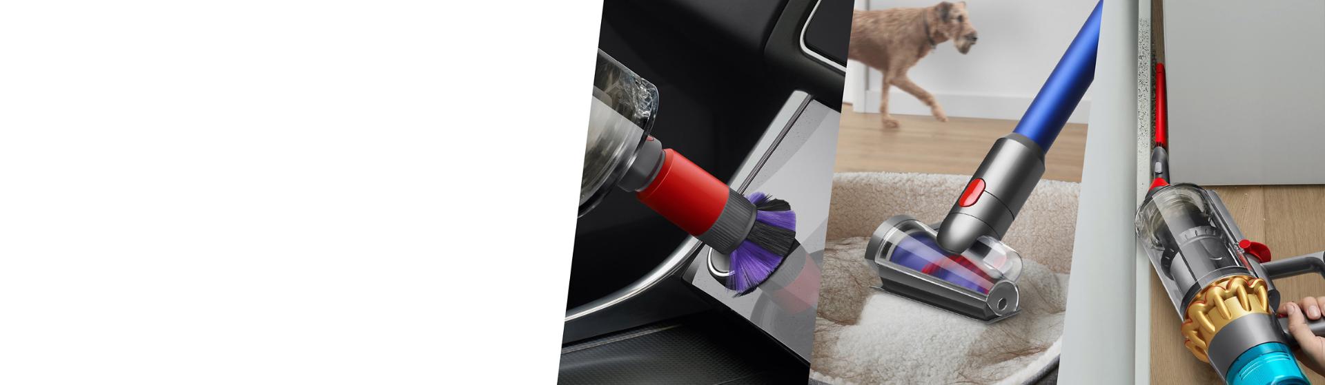 A splitscreen of the Dyson Scratch-free dusting brush, Hair screw tool, and Low-reach adaptor being used to clean debris.