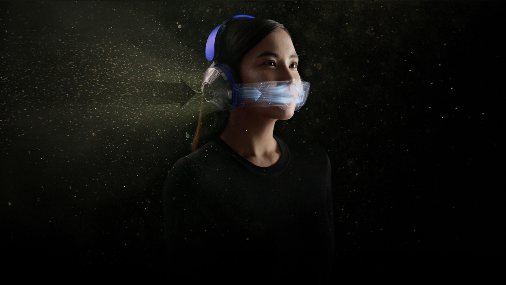 Woman wearing air-purifying headphones.