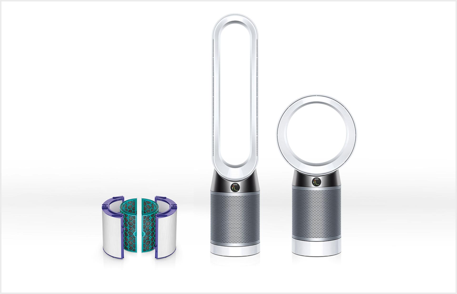 A Dyson purifier range in a row including a filter