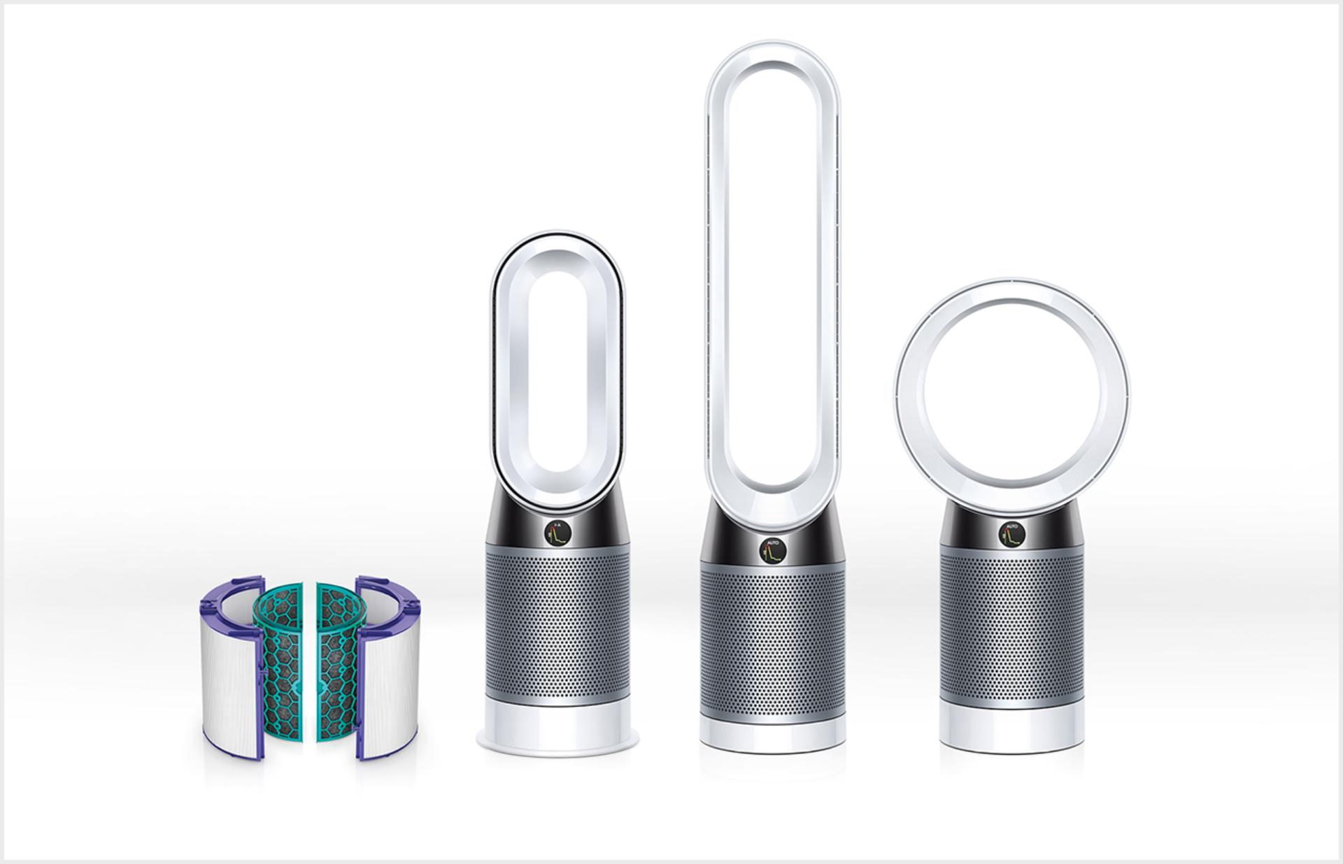 A Dyson purifier range in a row including a filter