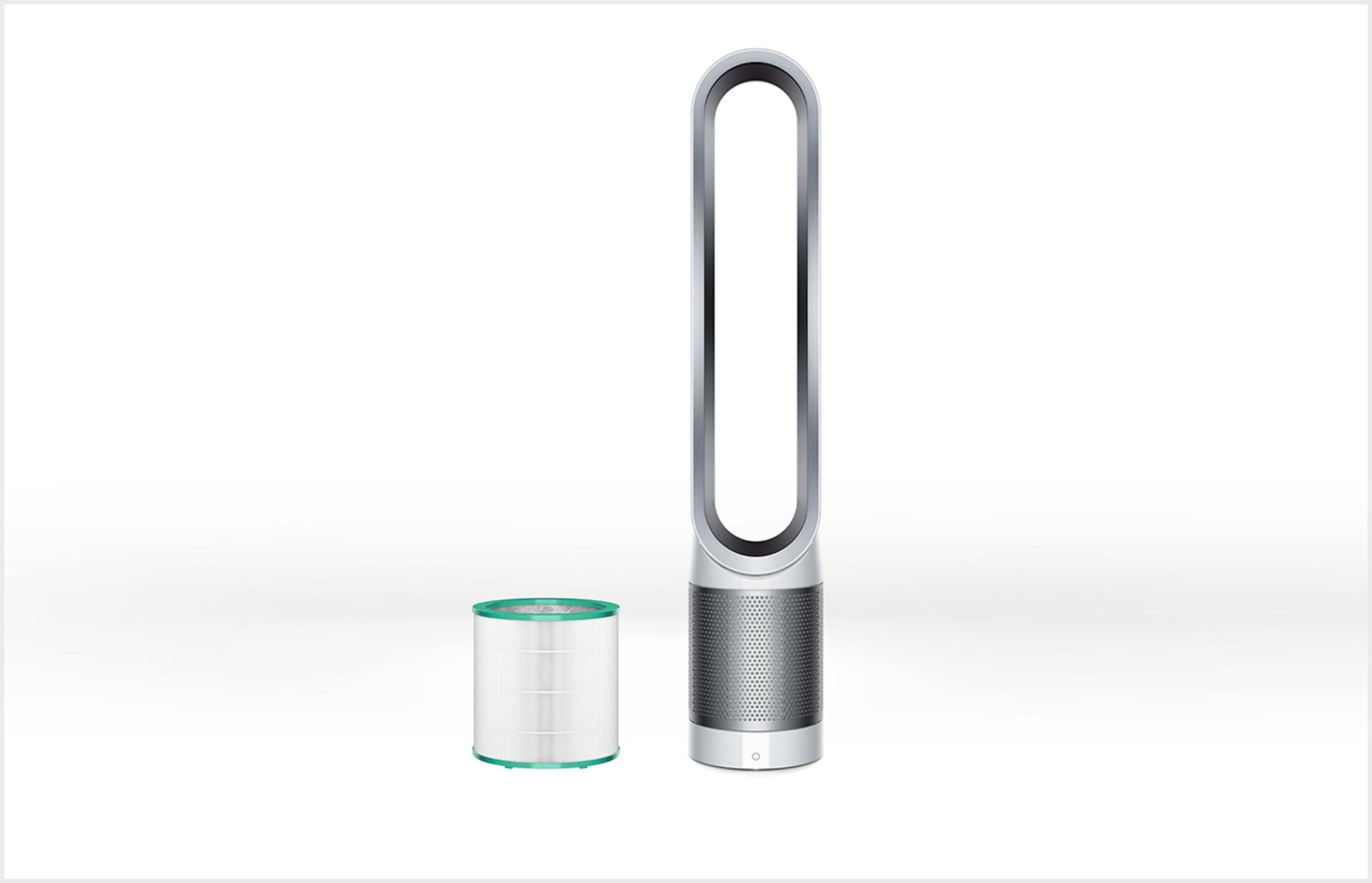 A Dyson purifier range in a row including a filter
