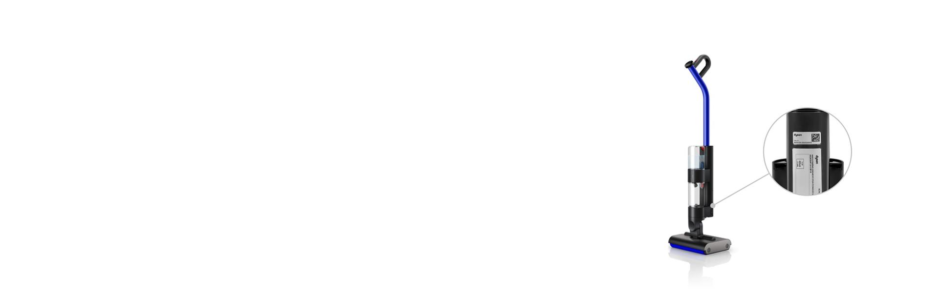 Odkurzacz na mokro Dyson WashG1 oraz zbliżenie na lokalizację numeru seryjnego.