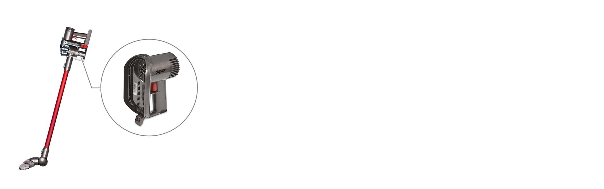 تم تمييز موقع الرقم التسلسلي على مكنسة Dyson V6 اللاسلكية.