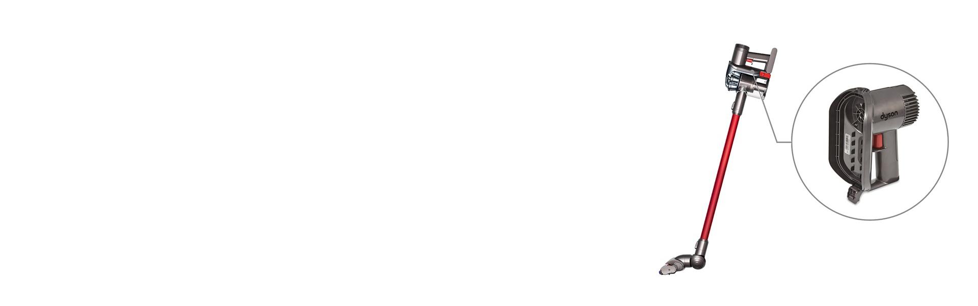 Location of serial number highlighted on a Dyson V6 cordless vacuum.