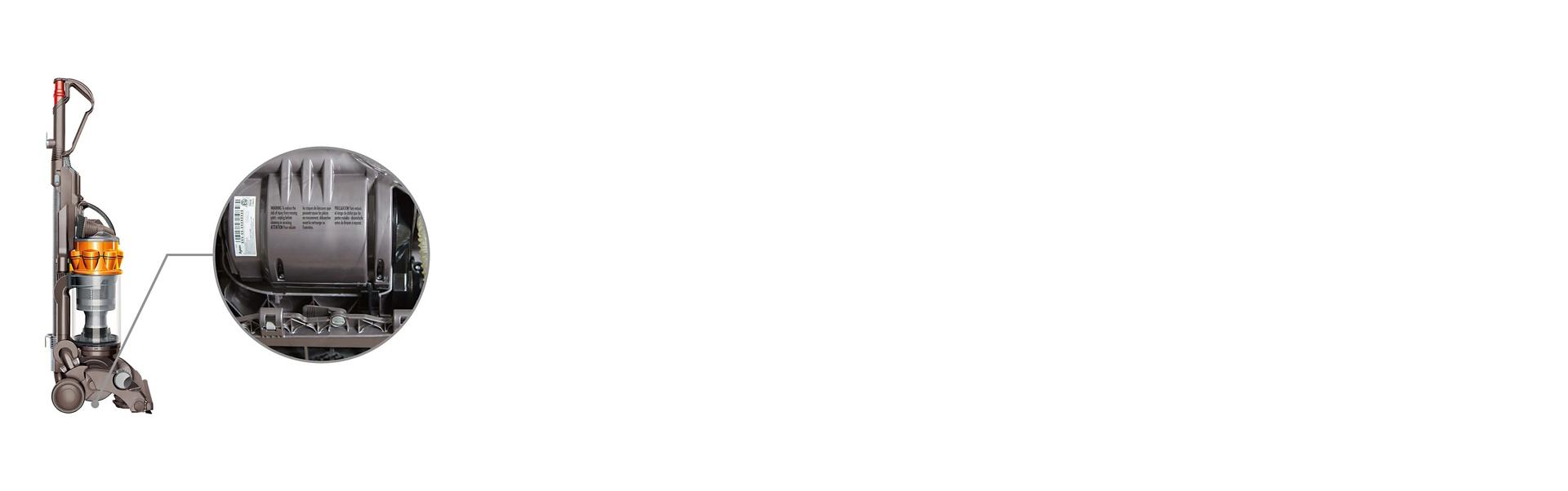 يتم عرض الجزء السفلي من مكنسة عمودية مع عرض مثال للرمز التسلسلي.