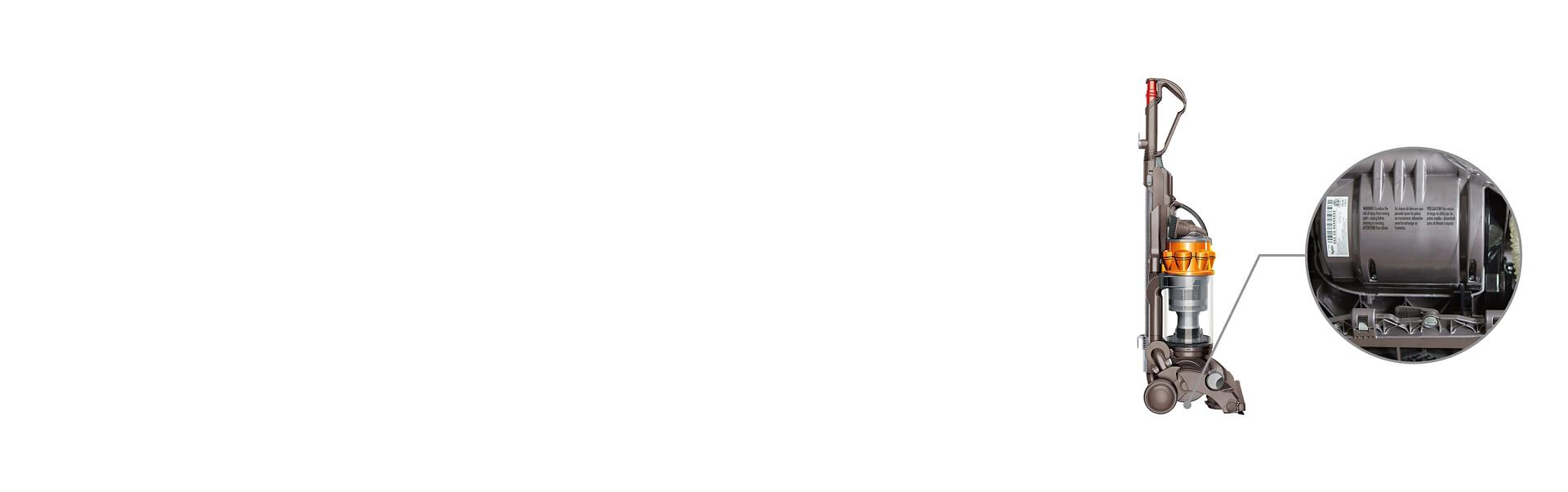 Upright vacuum underside is shown with example serial code displayed.