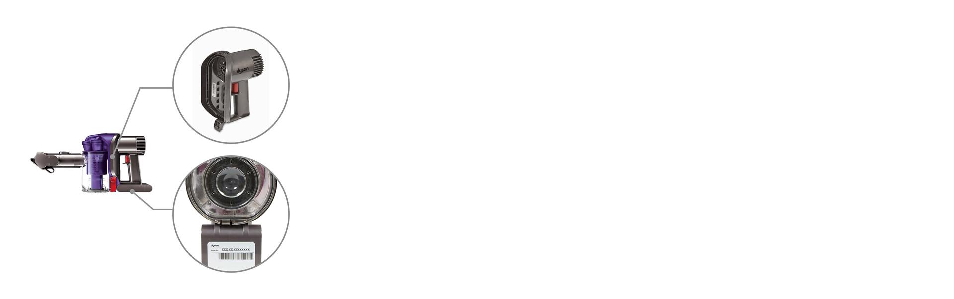 يتم عرض المكنسة الكهربائية المحمولة مع عرض مثال للرمز التسلسلي.