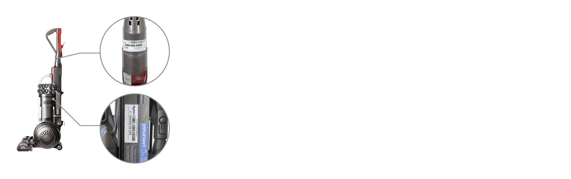 يتم عرض سلة المهملات الشفافة ومقبض العصا مع مثال للرمز التسلسلي المعروض.