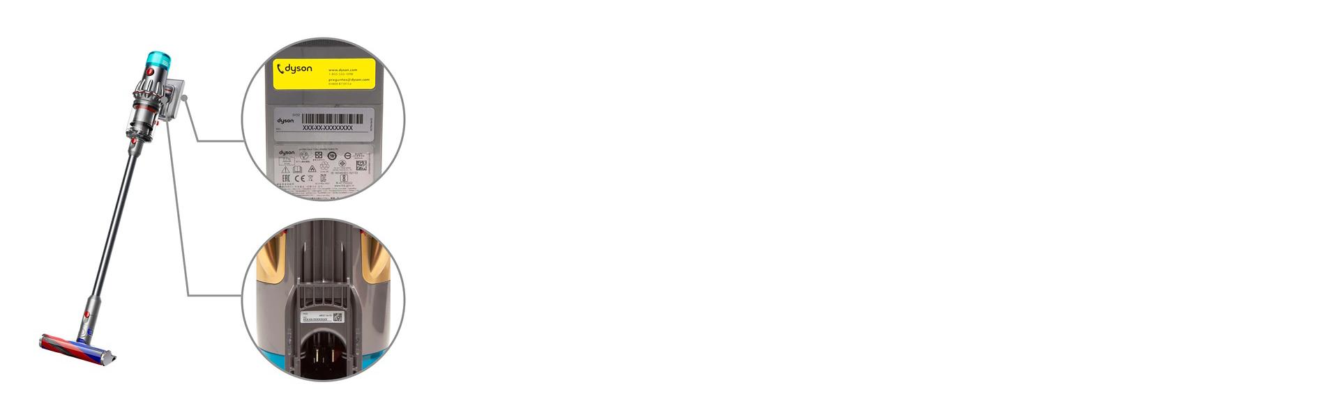 تم تحديد موقع الرقم التسلسلي في مكانين على مكنسة دايسون اللاسلكية.