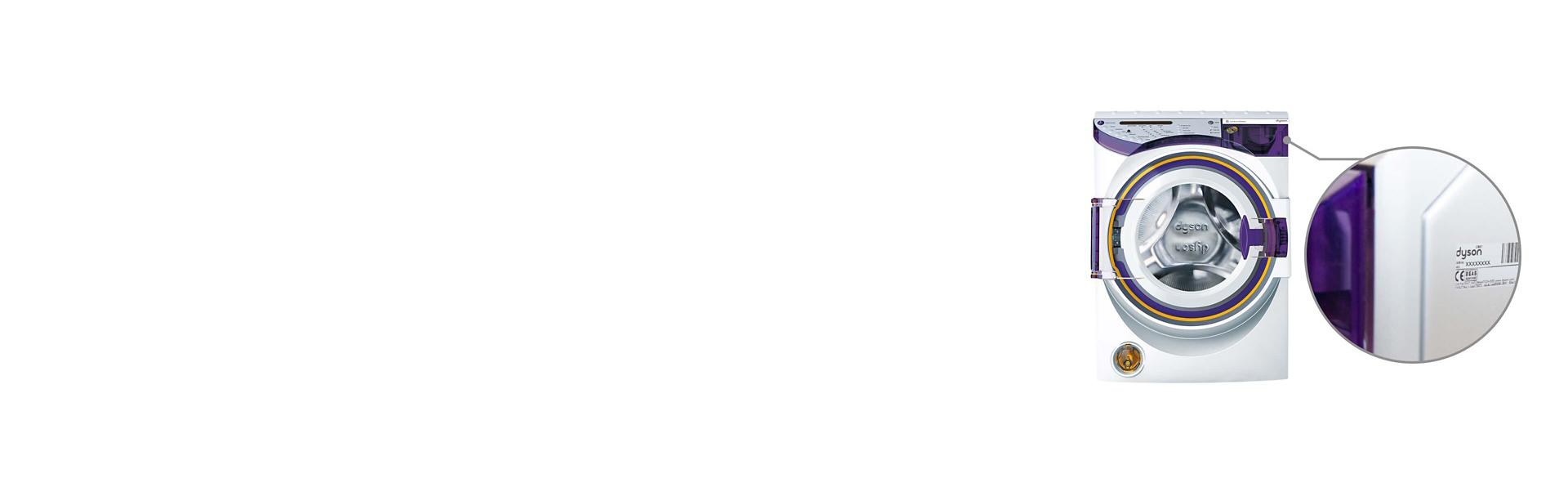 Washing machine is shown with example serial code displayed.