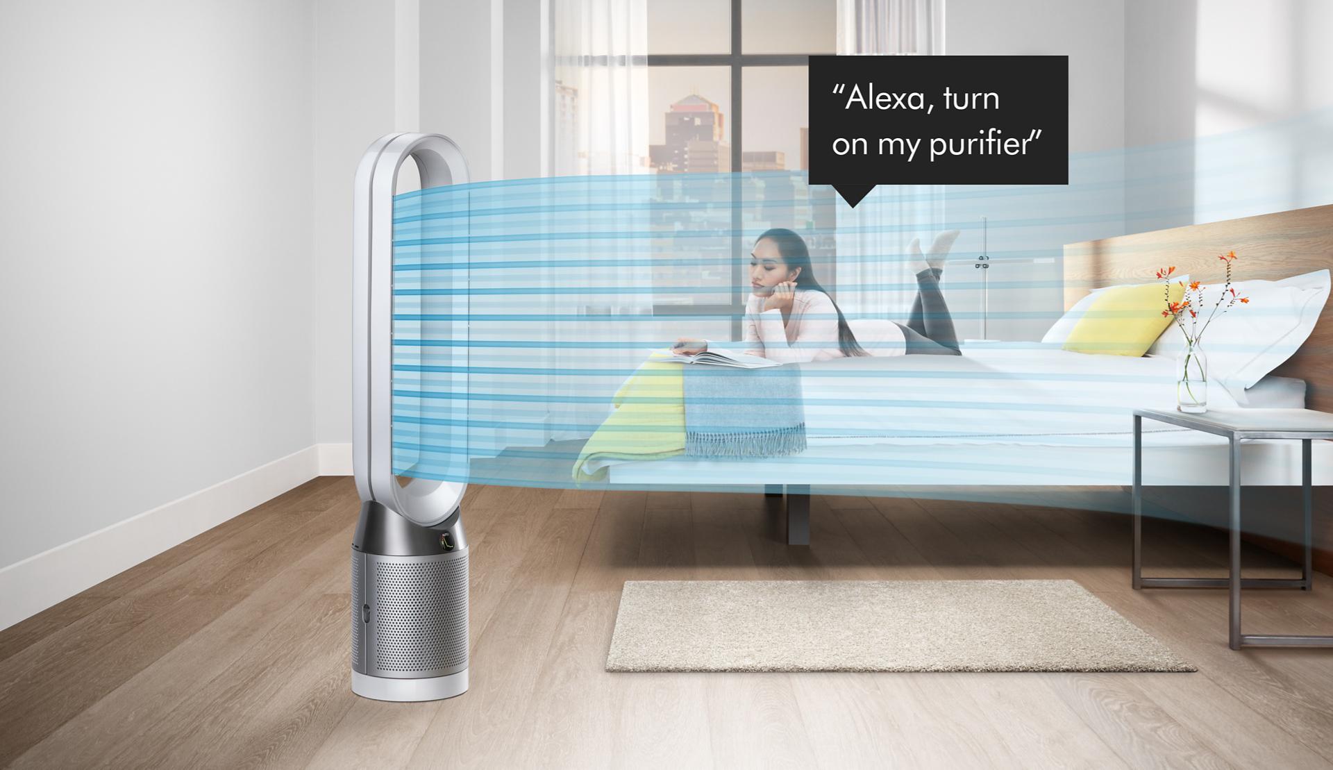 Woman asking Alexa to control her Dyson purifier