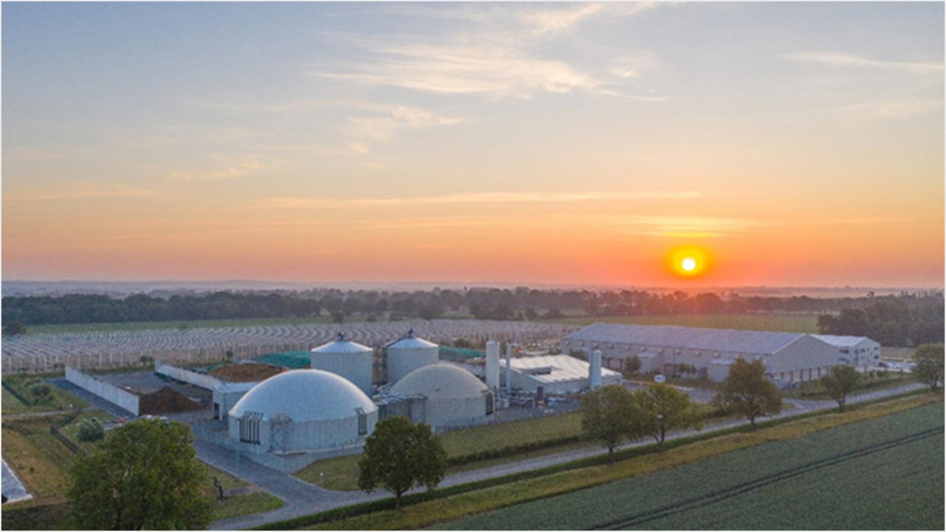 Dyson Farm from a distance as the sun sets.