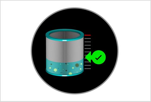 Ecrã LCD do Dyson Pure Cool Me™ a mostrar o ciclo de vida remanescente do filtro 
