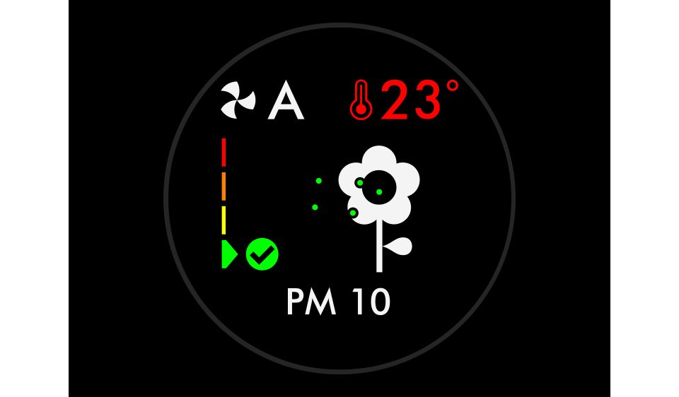 Das Symbol für PM10 auf dem Display zeigt eine gute Luftqualität an.