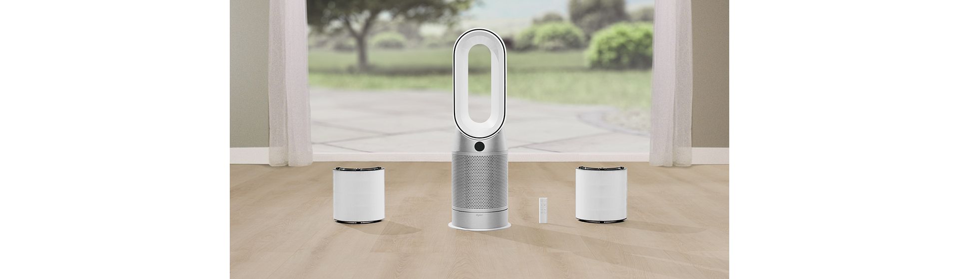 The Dyson Purifier Hot+Cool Gen1 machine, the filter and remote control.