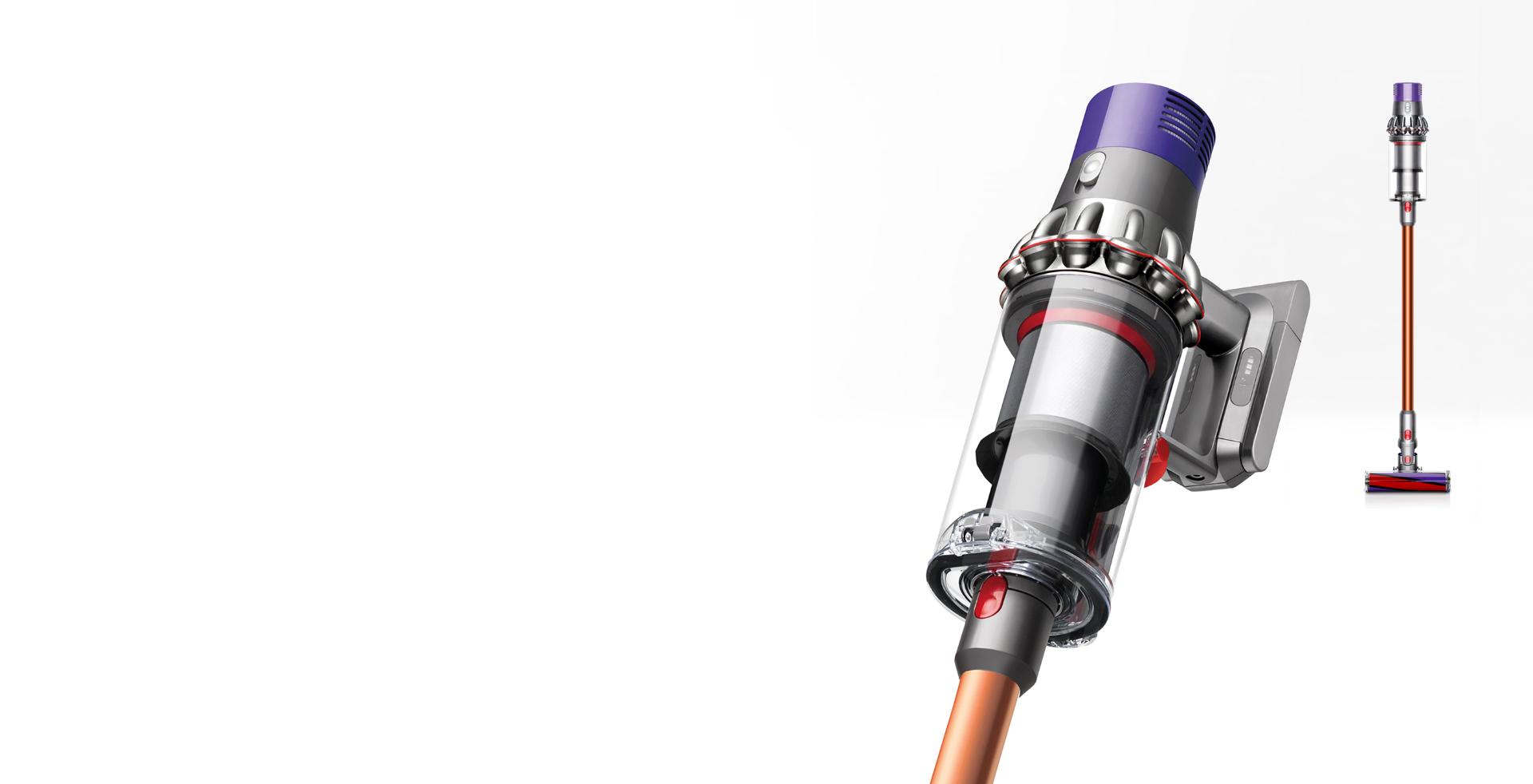 Dyson Cyclone V10 vacuum shown in both full view and close-up.