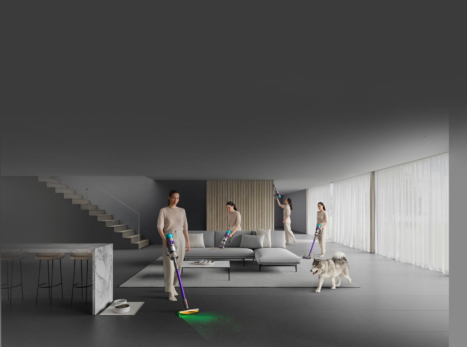 Woman shown in four positions in a living room, using the Dyson Gen5detect as both a cordless stick and a handheld vacuum.