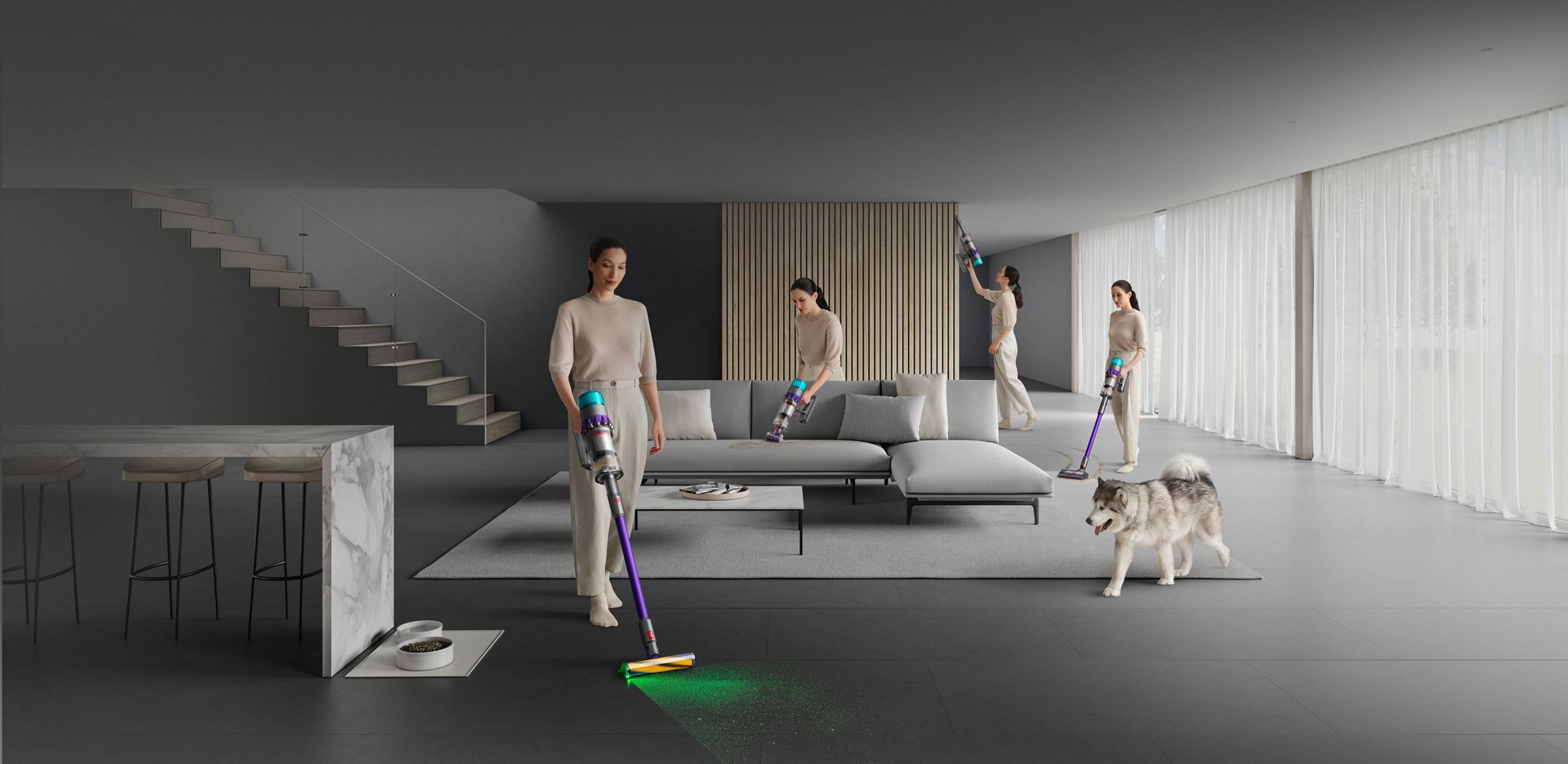 Woman shown in four positions in a living room, using the Dyson Gen5detect as both a cordless stick and a handheld vacuum.