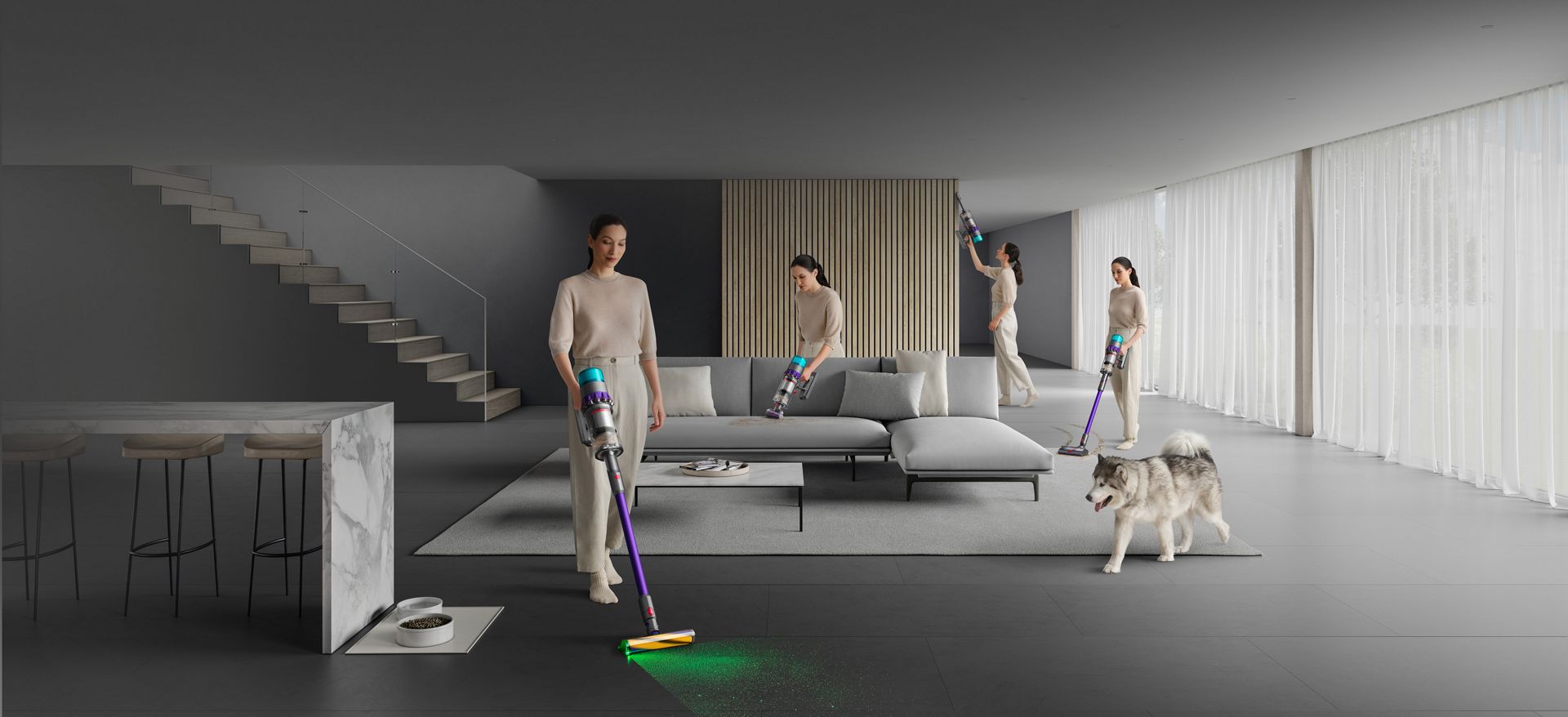 Woman shown in four positions in a living room, using the Dyson Gen5detect as both a cordless stick and a handheld vacuum.