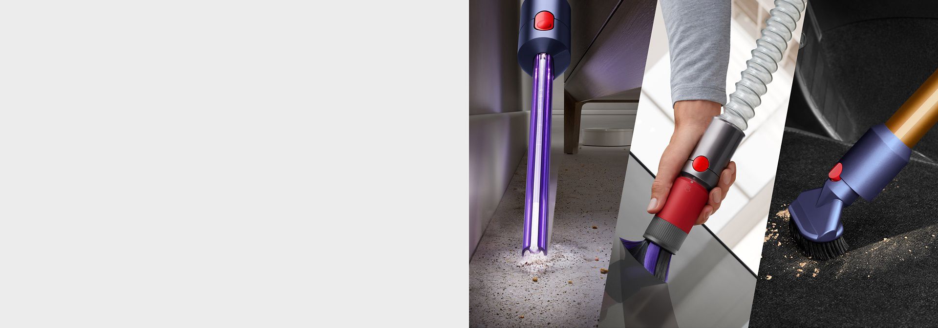 Woman shown in four positions in a living room, using the Dyson Gen5detect as both a cordless stick and a handheld vacuum.