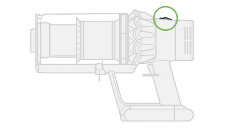 Diagram viser posisjonen til Power mode-knappen på en Dyson Cyclone V10-støvsuger