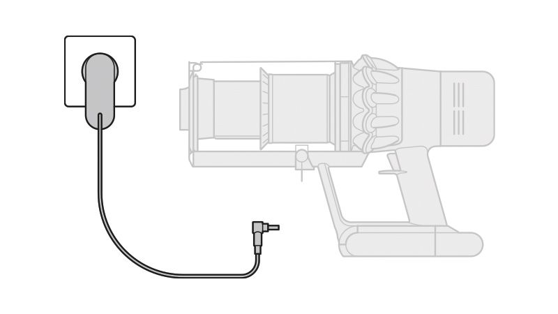 Diagram av strømkilde ved siden av en trådløs Dyson-støvsuger