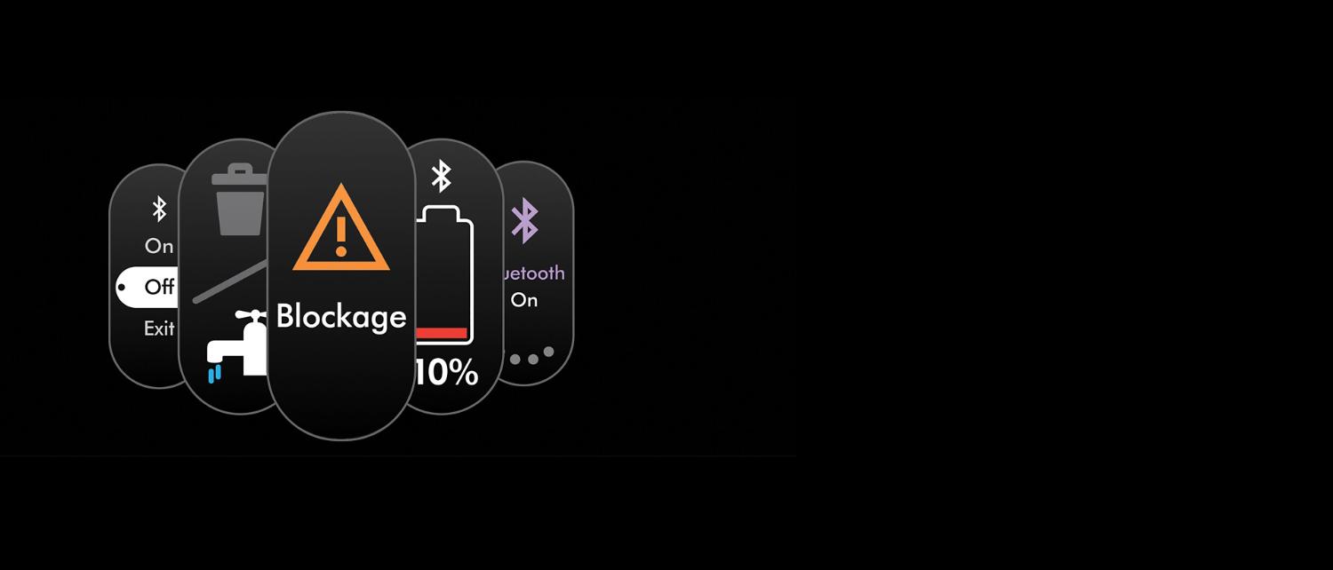 A range of LCD screen symbols for the Dyson PencilVac cleaner with the Blockage symbol at the front