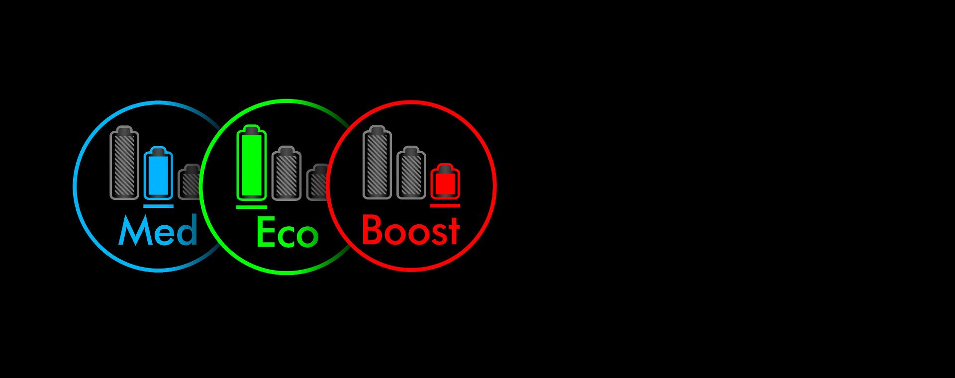 أيقونات الوضع التلقائي (Auto)/المتوسط (Med)، والوضع الاقتصادي (Eco)، والوضع المُعزَّز (Boost)، والرأس الأسطواني المُبلّل Submarine.