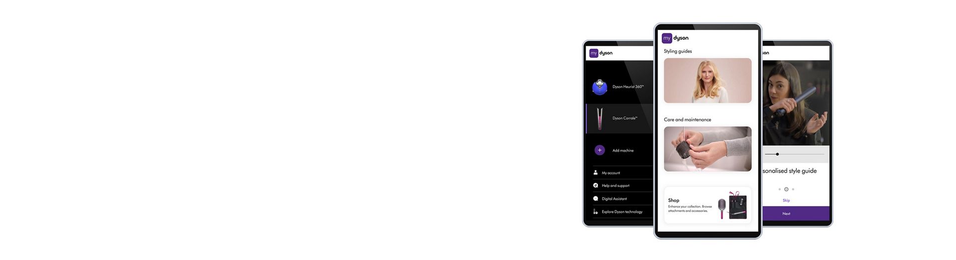 MyDysonアプリを表示する3つの電話画面。