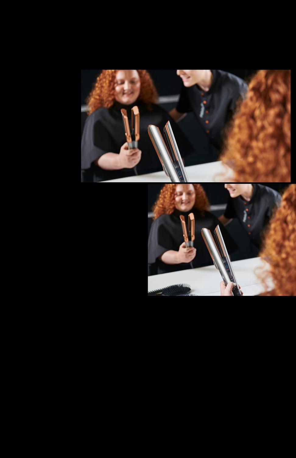 A customer tries the Dyson Airstrait straightener, guided by a Dyson Expert in store.