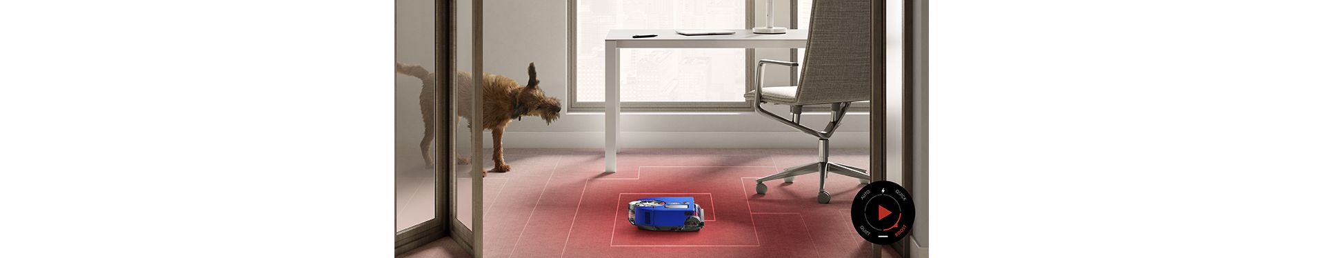 The robot vacuum cleaning an area where a pet is shaking fur