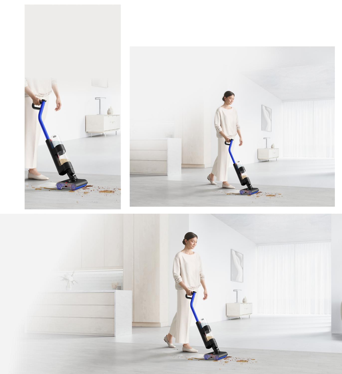The Dyson WashG1 wet cleaner leaving a clean trail on a bathroom floor