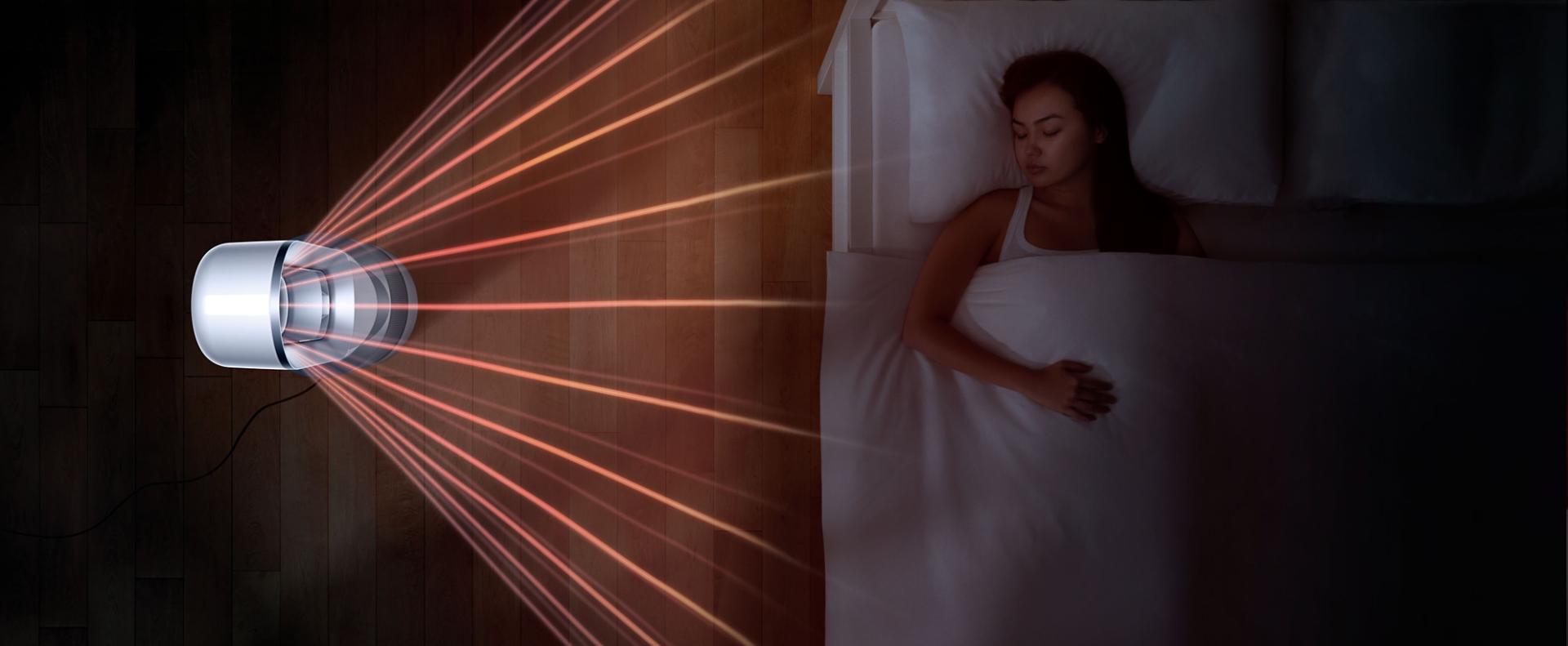 Dyson Pure Hot + Cool Link™ purifier heater next to woman in bed