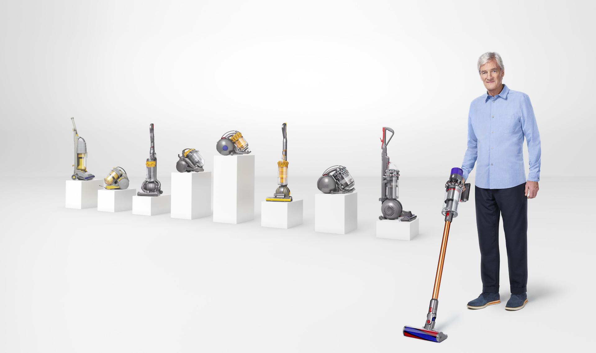 James Dyson with a range of Dyson vacuum cleaners