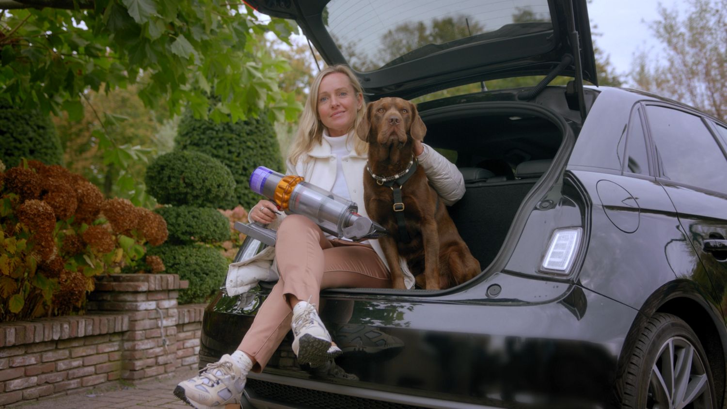 Femme dans une voiture avec son chien et son aspirateur.