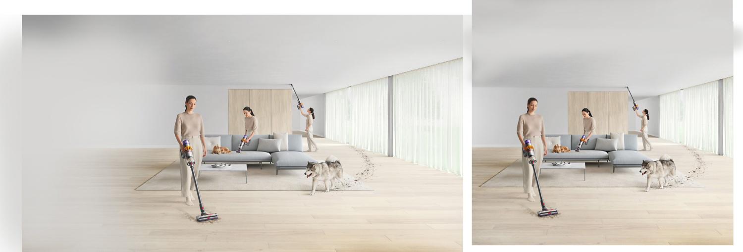 Persoon met woonkamer schoon met Dyson V15 Detect draadloze stofzuiger