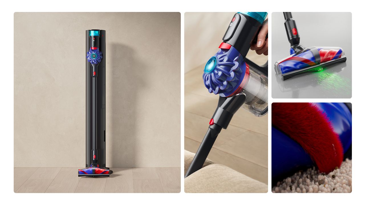 The Dyson Cyclone V10 Konical cordless vacuum in the Auto-empty Dok and used to clean around the home.
