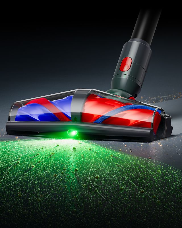 Dyson V10 Konical vacuum used to clean hard floors with illumination.