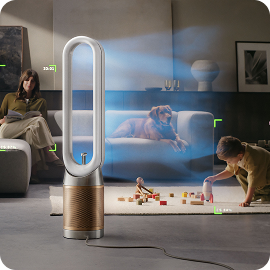 Dyson Find+Follow Purifier Cool fan projects cooling airflow in a family room.