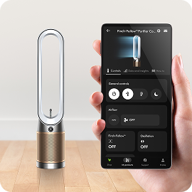 Dyson Find+Follow Purifier Cool PC3 air purifier with a phone showing the MyDyson app.