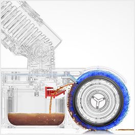 Cutaway showing how the Dyson PencilWash wet roller is washed with clean water on every rotation.