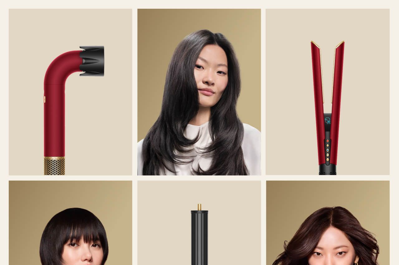 A collage of Dyson Beauty devices and models with their hair styled with the range of devices and formulations.