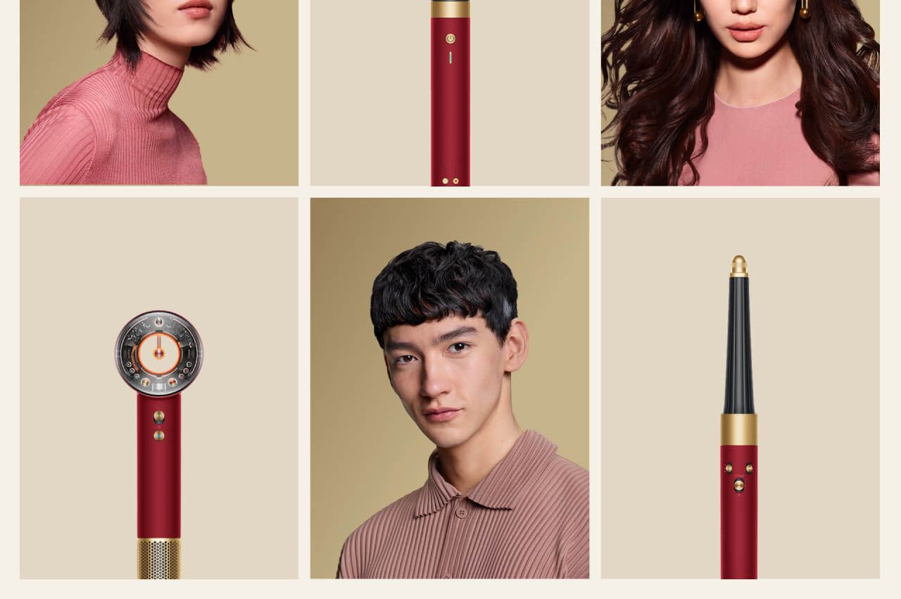 A collage of Dyson Beauty devices and models with their hair styled with the range of devices and formulations.